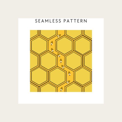 Yellow hexagonal bee pattern with text 'Seamless Pattern' on a beige background