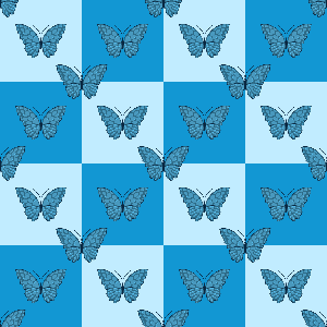 Pattern of blue butterflies on a blue checkered background