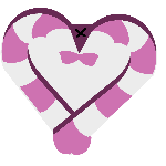 Heart-shaped pink and white striped object with a bow on a white background