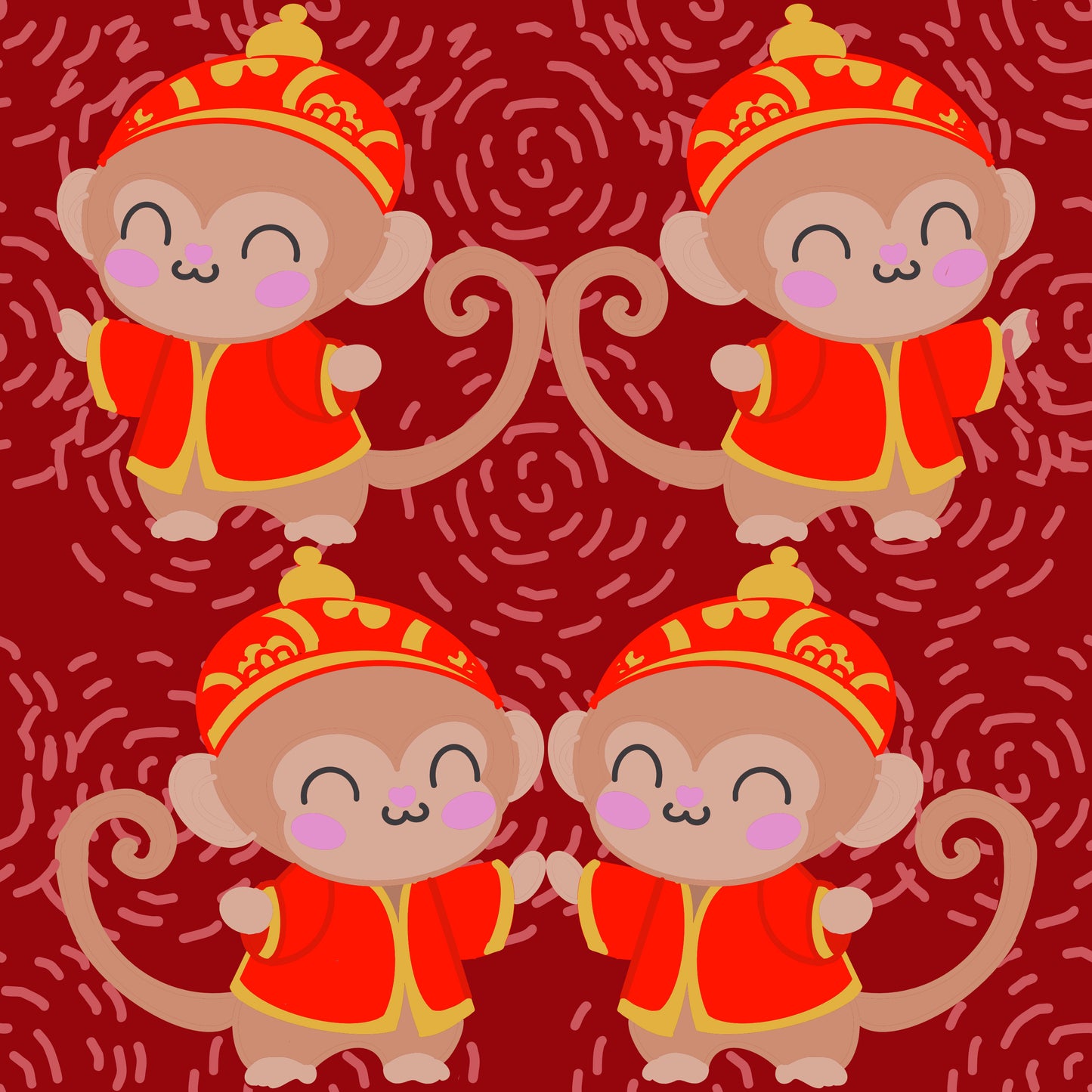Seamless file of the lunar new year of the monkey showing hand drawn cartoon monkeys in red and gold asian outfits on a Red background