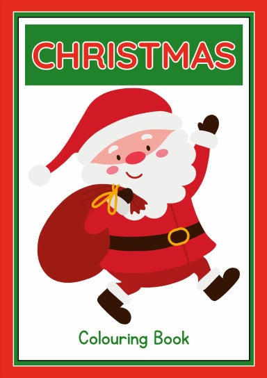 Cover of a Christmas coloring book with a cartoon illustration of Santa Claus waving and holding a bag of gifts. The title 'Christmas Colouring Book' is displayed at the top.