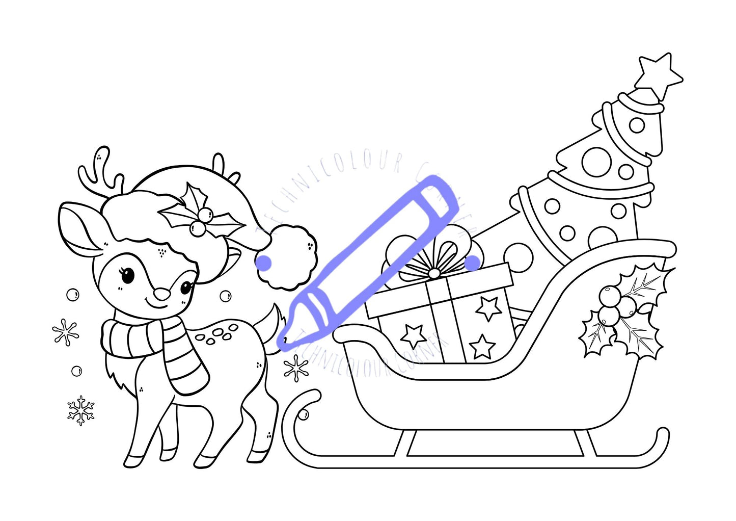 Christmas festive colouring page of a cute reindeer pulling a sleigh of gifts and a christmas tree