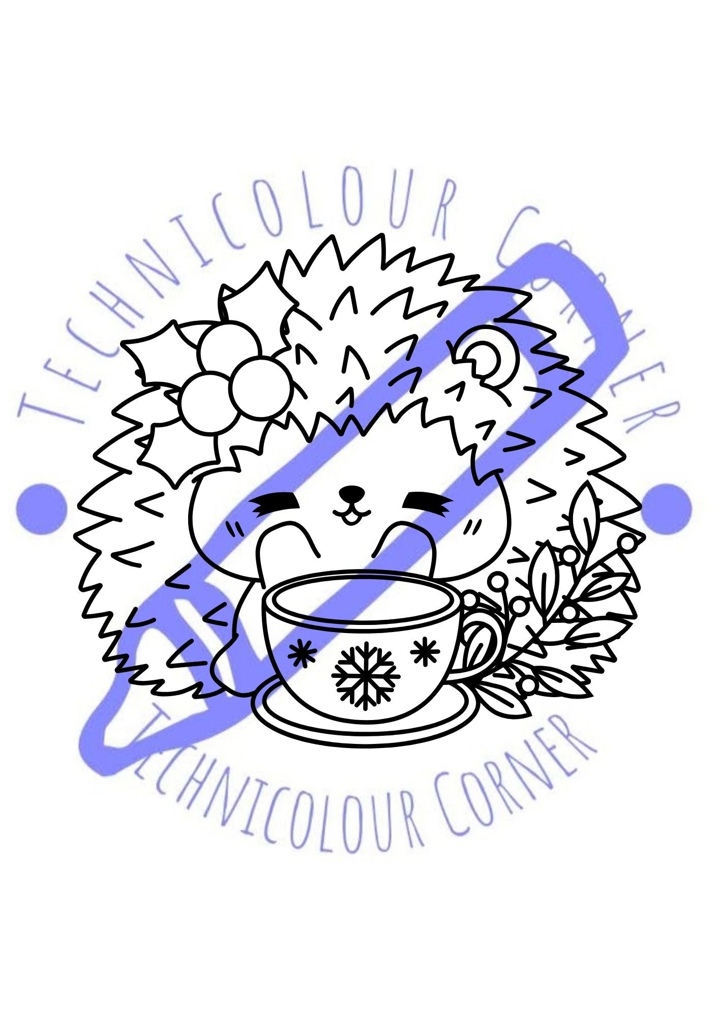 Christmas Animals Colouring Page of a hedgehog with holly and tea