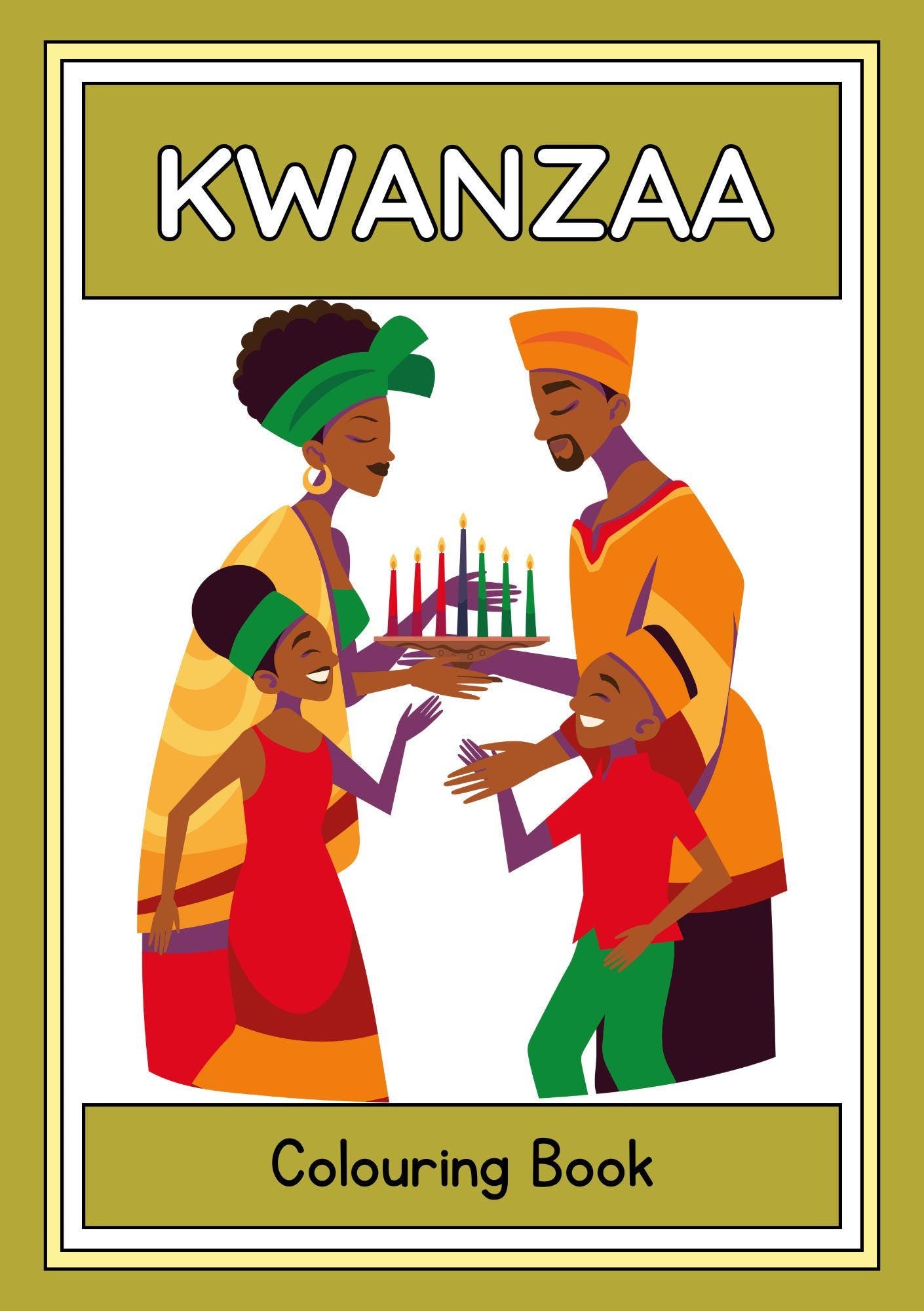 Cover of the Kwanzaa Colouring Book featuring an illustration of a diverse family celebrating with candles and traditional attire.
