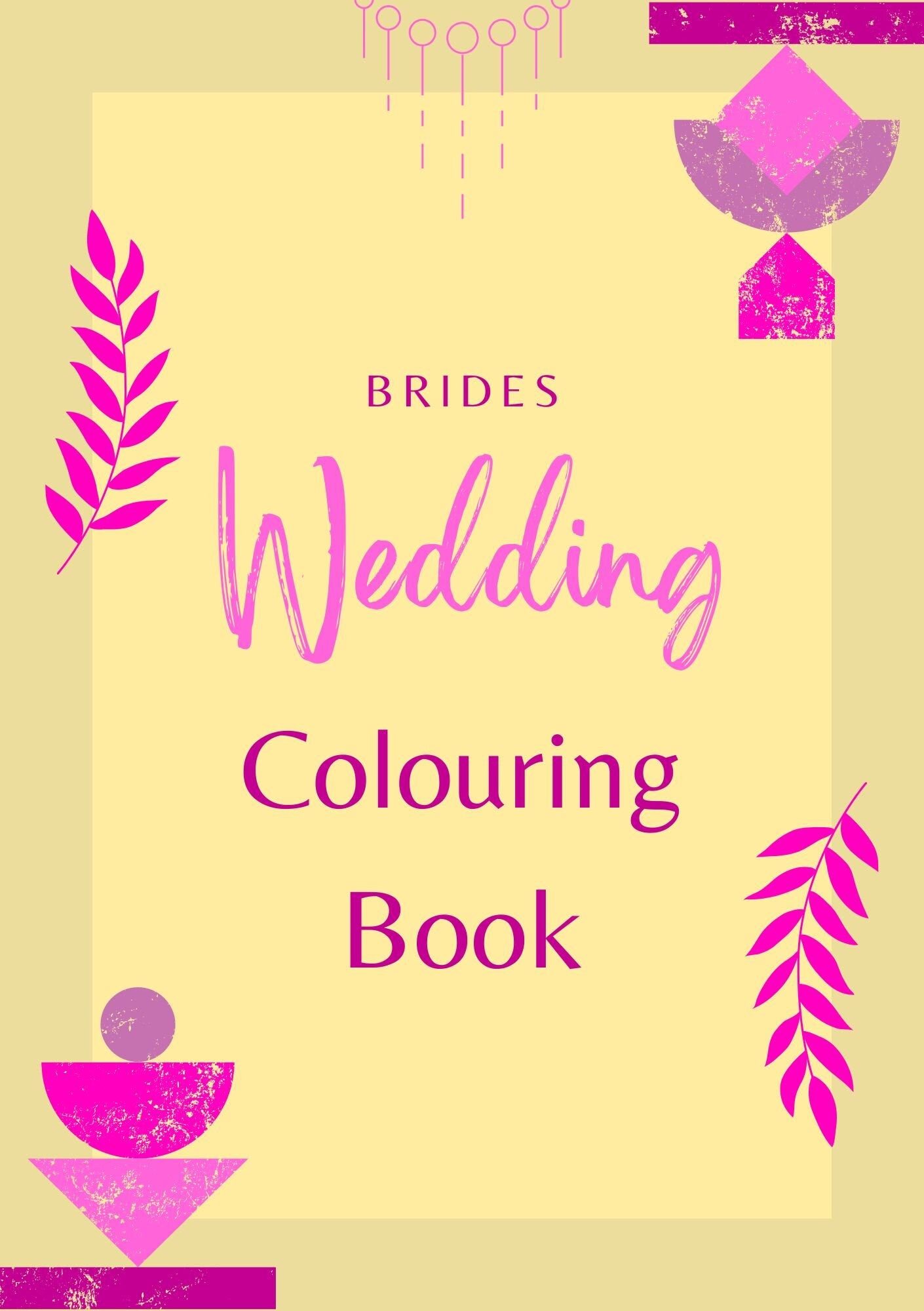 A digital cover of a wedding colouring book with pink and purple floral patterns and text that reads 'Brides Wedding Colouring Book' for lesbian weddings.