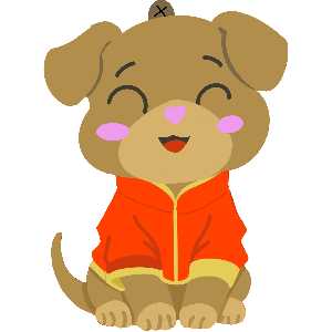 Cartoon dog wearing a red jacket on a gift tag