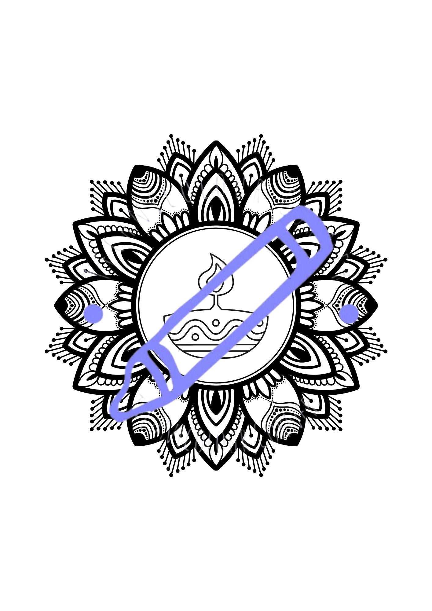 Page from the technicolour corner diwali colouring book showing a lantern in the centre of a pattern