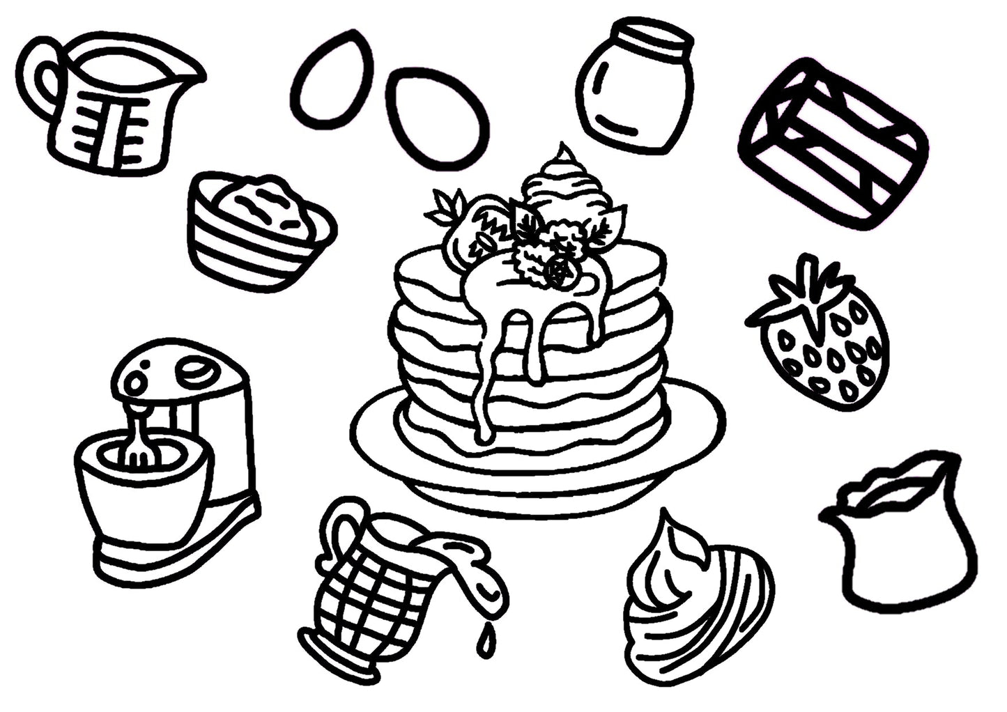 A coloring page with a variety of items related to Pancake Day, including pancakes, syrup, strawberries, and other breakfast foods.