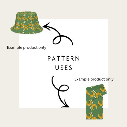 Green patterned bucket hat and scarf with text 'Pattern Uses' on a white background to show how to use the lucky horseshoe lolly st patricks day seamless file pattern