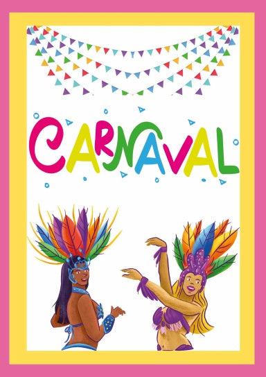 Cover of the Rio Carnival Colouring Book featuring illustrations of two characters dressed in colorful Carnival costumes with feathered hats, and the word 'CARNIVAL' in bold letters.