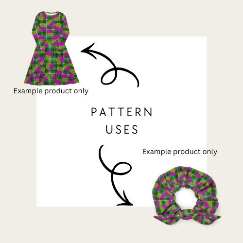 Green and purple patterned dress and scrunchie on a white background with text indicating 'Example product only' showing what you can do with the seamless file