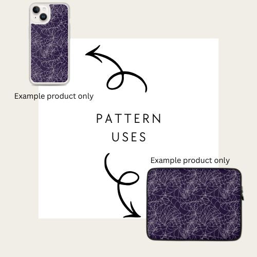 Phone case and laptop sleeve with purple pattern on a beige background showing how to use the seamless file of the spider web halloween product