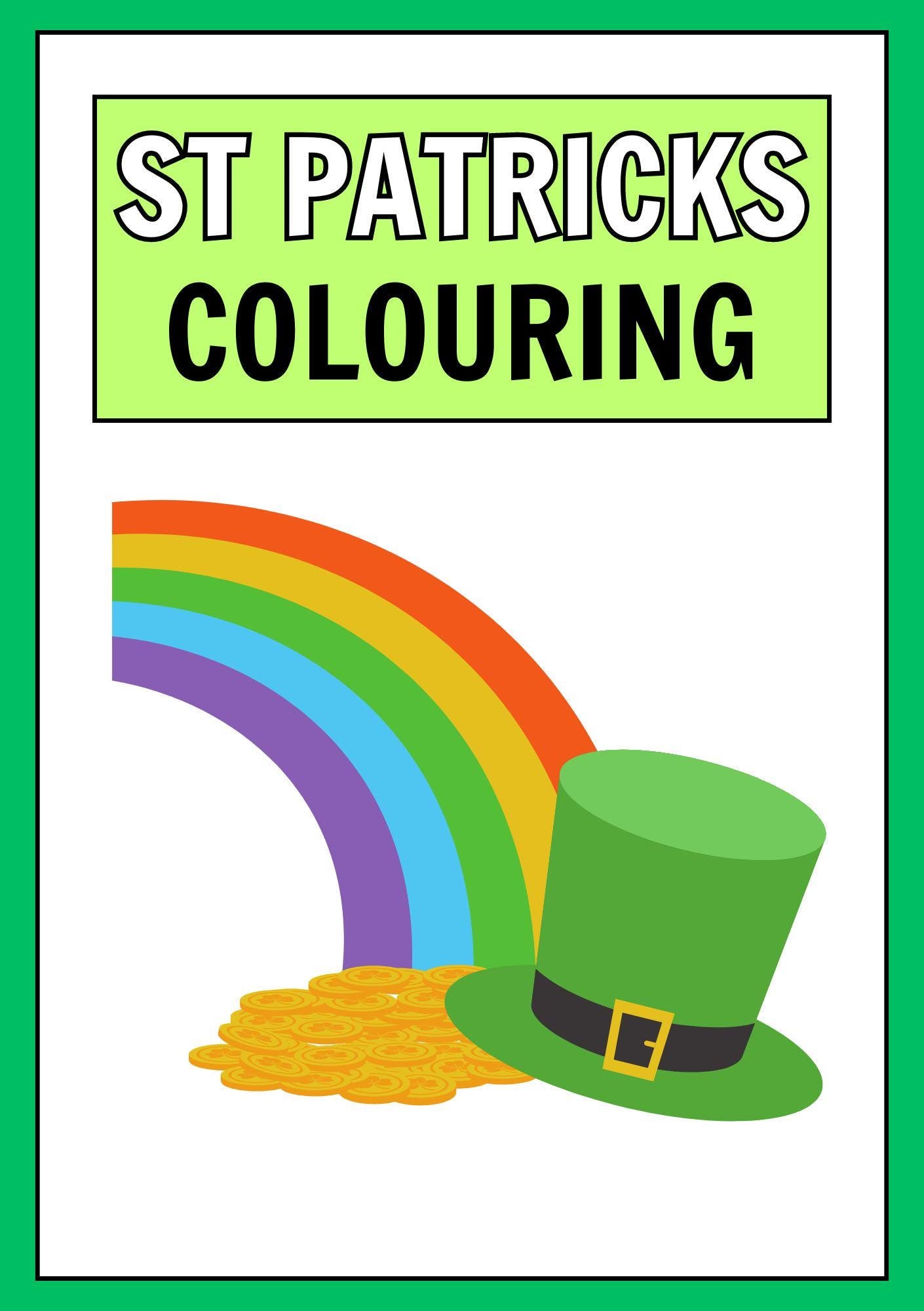 Cover of the St. Patrick's Day Colouring Book featuring a rainbow, a green leprechaun hat, and a pot of gold.