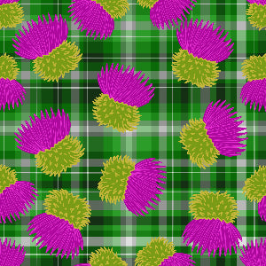 Pattern of purple and green thistle flowers on a green plaid background