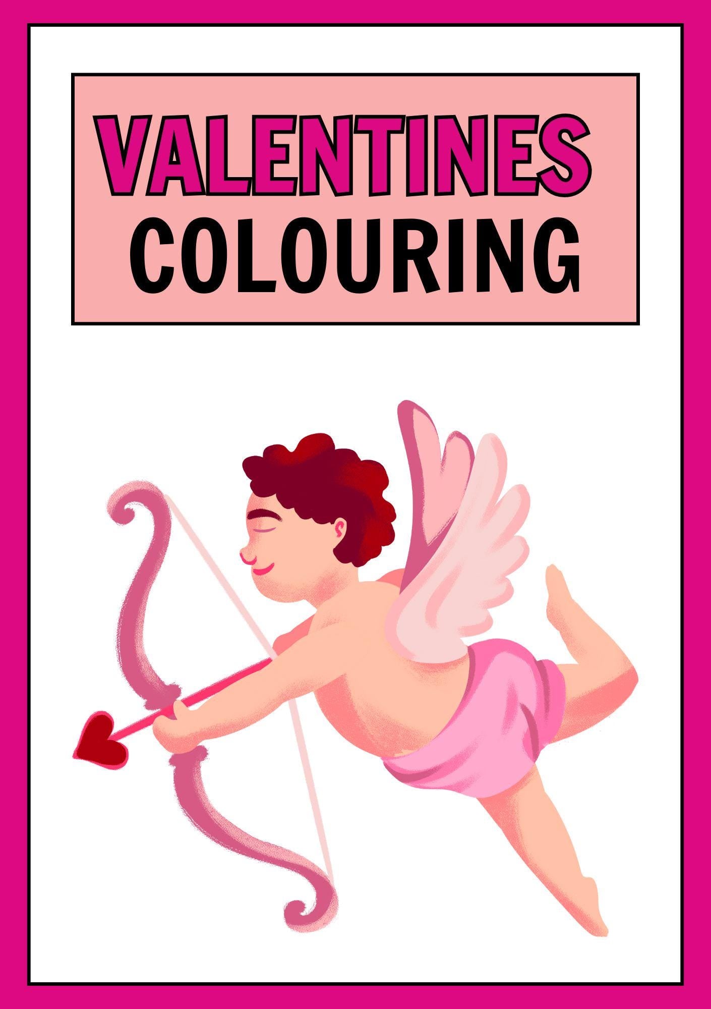 A pink framed digital Valentine's Day colouring book cover featuring a cartoon illustration of a cupid shooting a heart arrow from technicolour corner