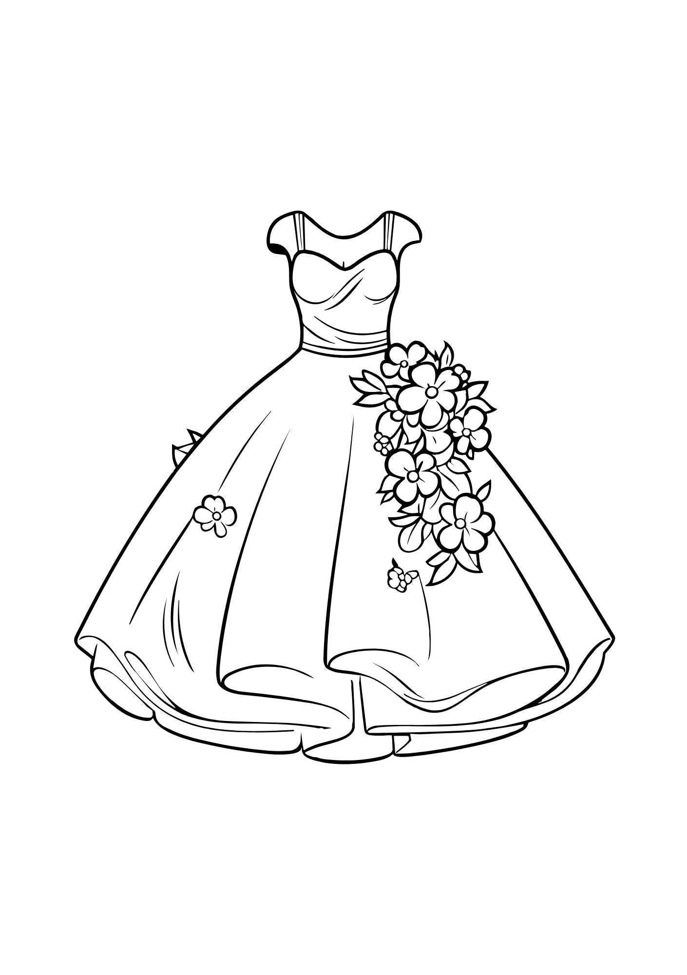 Line drawing of a wedding dress with floral details on a white background