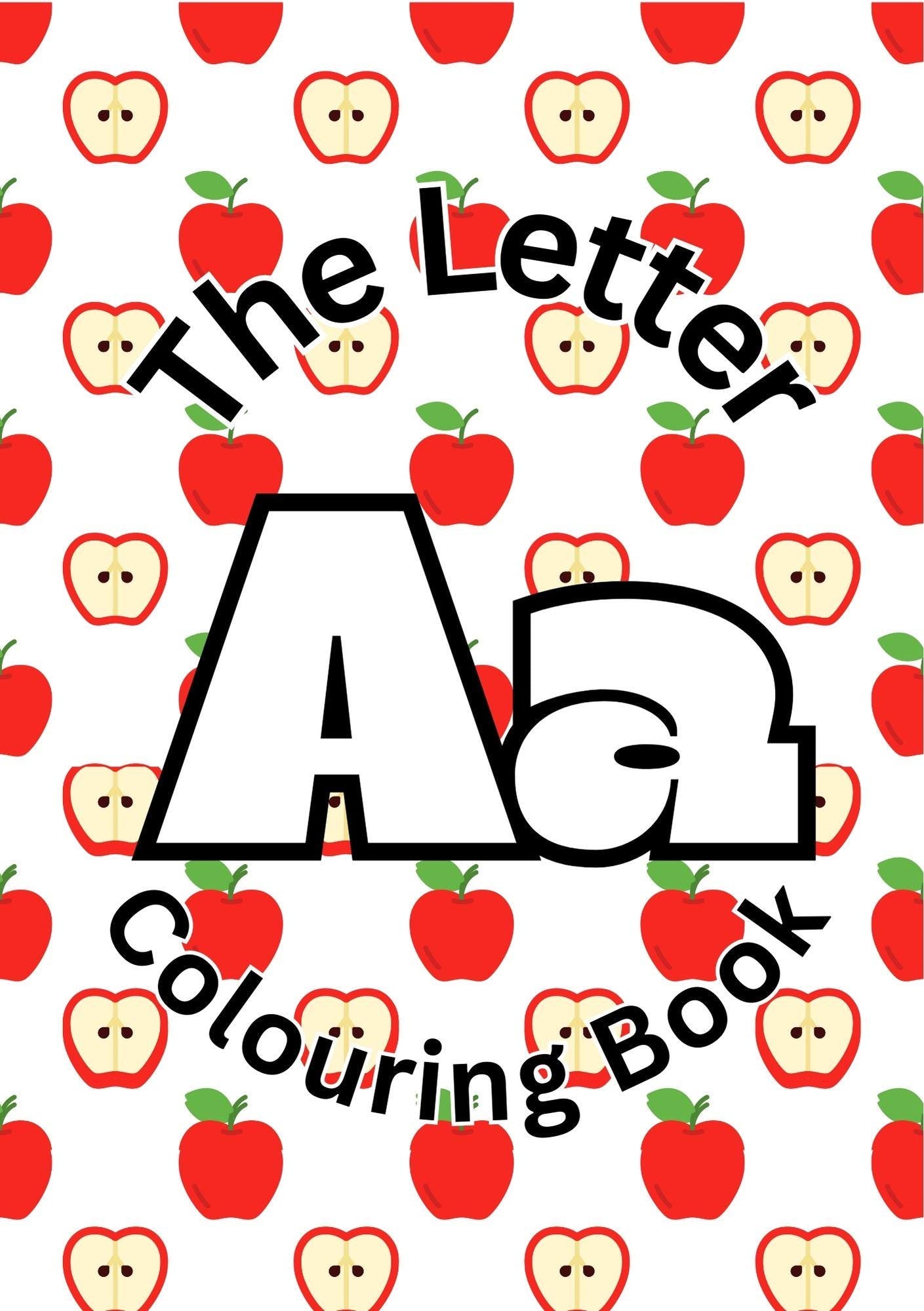 Cover of 'The Letter A Colouring Book' featuring a repeated pattern of the letter 'A' with apples filling the background.