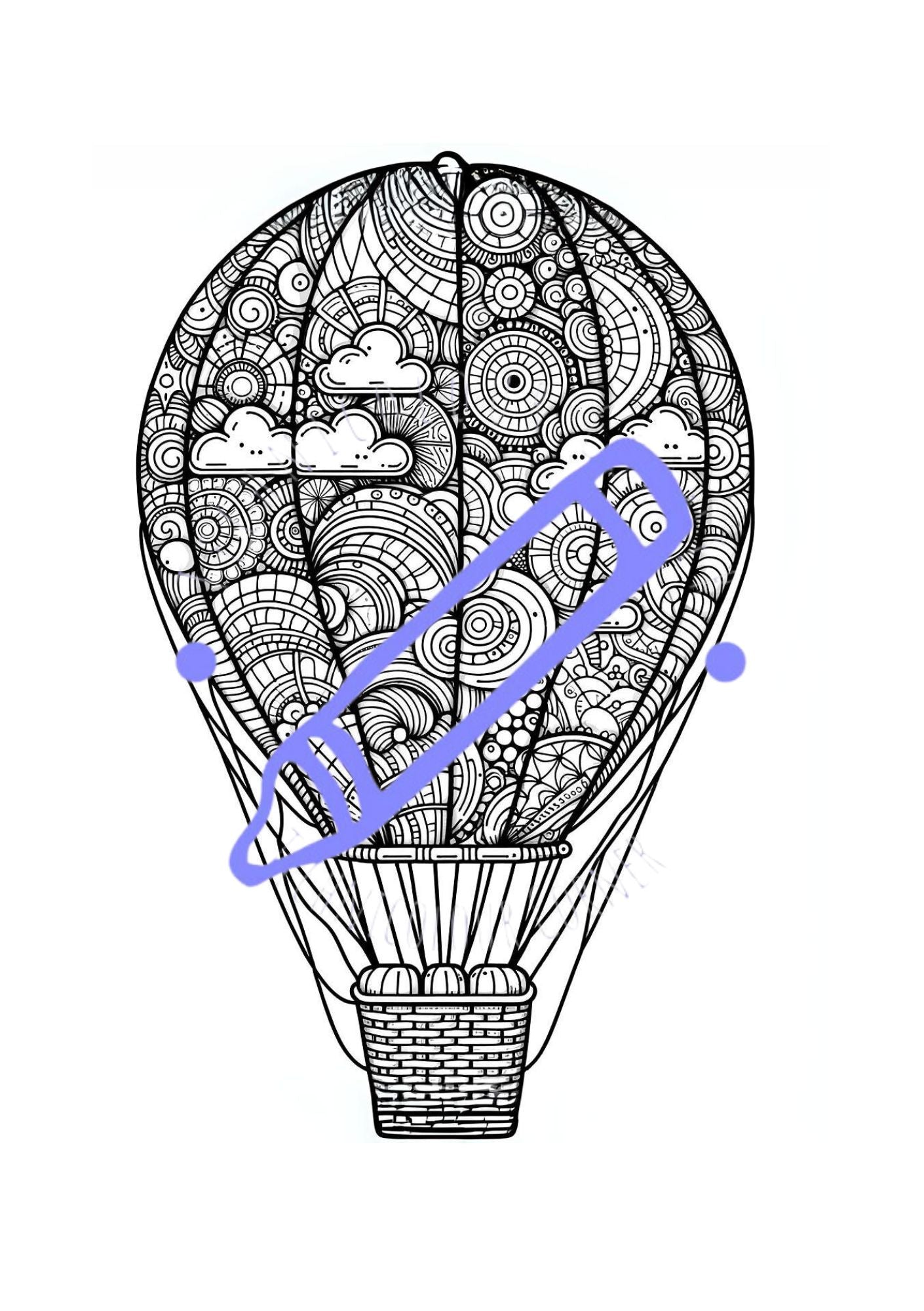 A coloring page featuring a detailed line drawing of a hot air balloon with intricate patterns and designs.