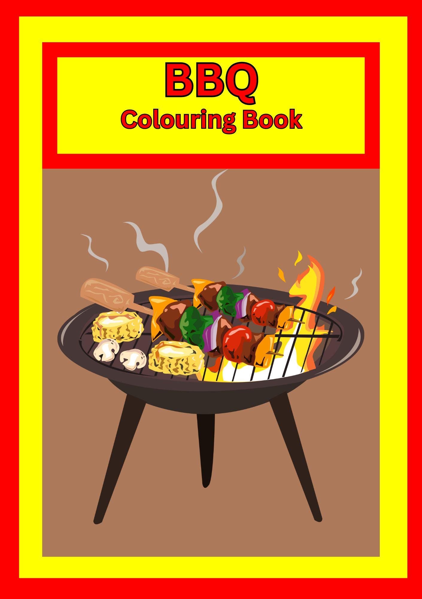 Cover of a BBQ colouring book with an illustration of a grill and various meats and vegetables on it, set against a yellow and red border.