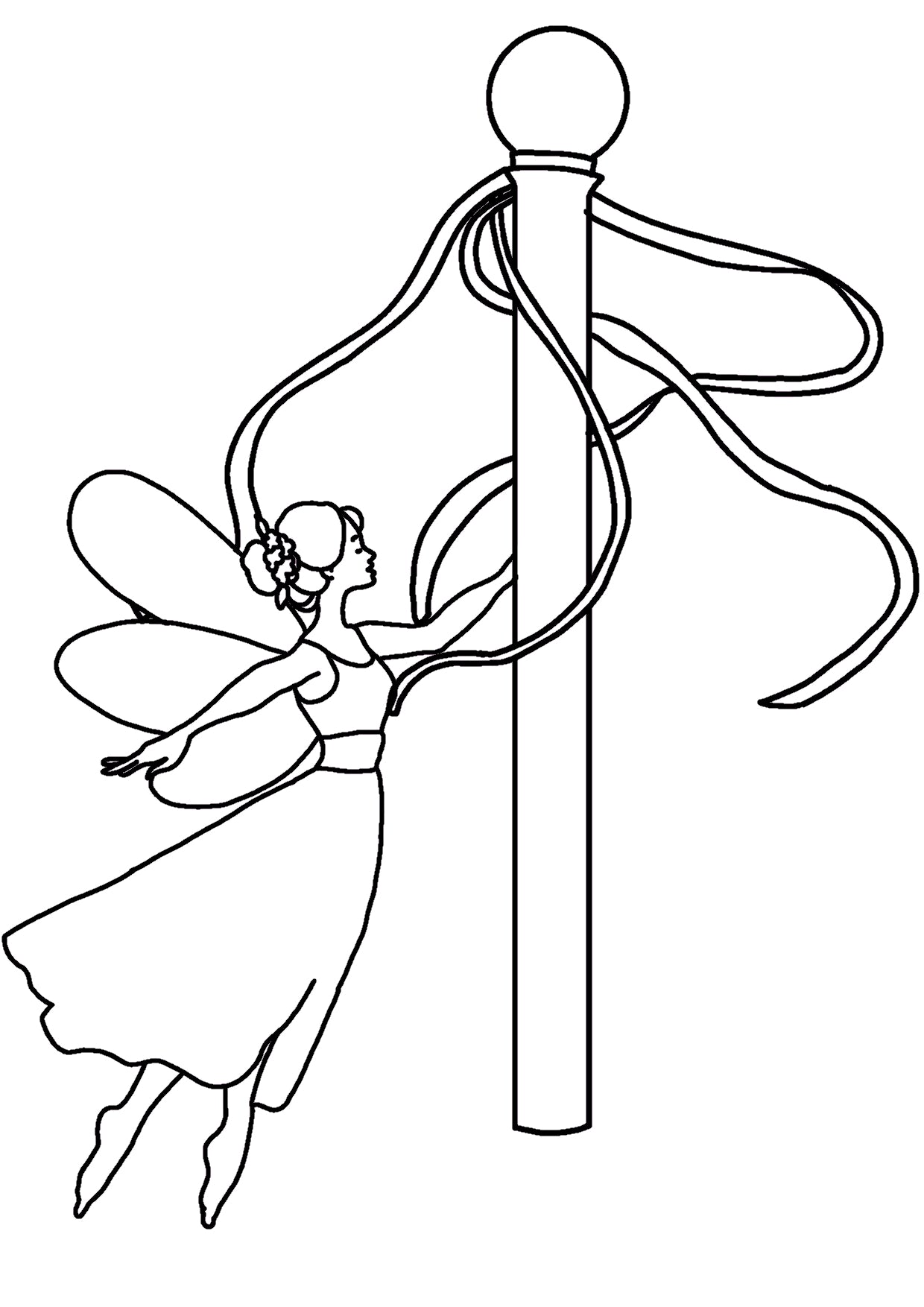 Colouring page of a fairy dancing on a maypole colouring page for beltane