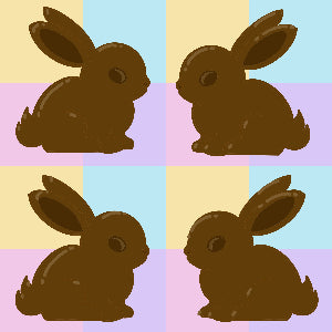 Four silhouettes of brown bunnies on a colorful striped background