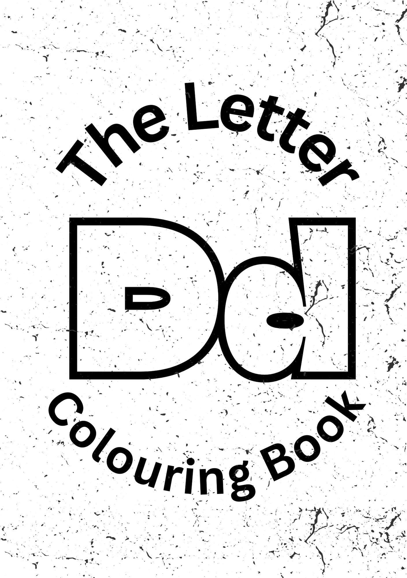 Cover of 'The Letter D Colouring Book' featuring stylized text and the letter D illustration.