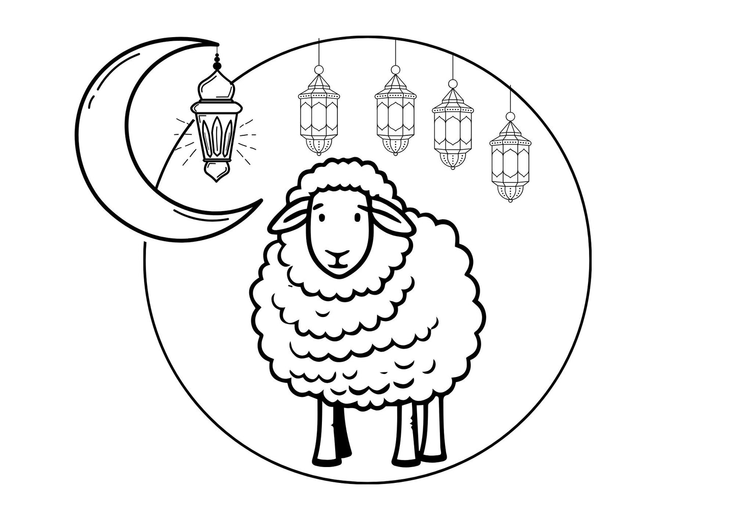 Black and white illustration of a sheep with a crescent moon and hanging lanterns.