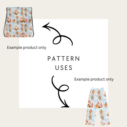 Drawstring bag and pants with gingerbread man pattern on a beige background showing examples of how to use the gingerbread seamless file