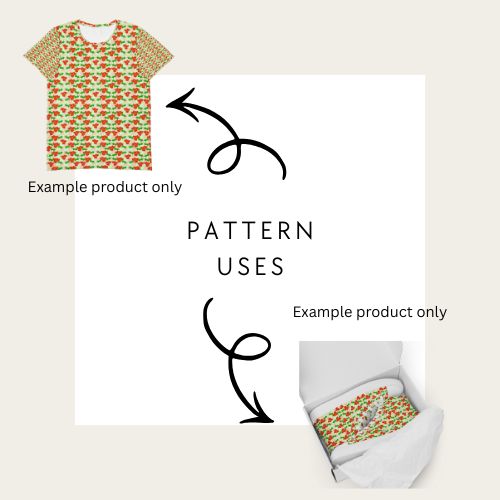 Product with a pattern displayed alongside examples of seamless pattern application on clothing and bedding of heart shaped holly berries on a light background