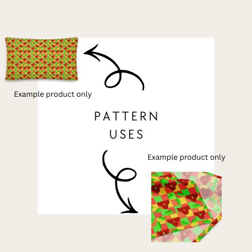 Fabric with a pattern of red and green shapes on a white background
