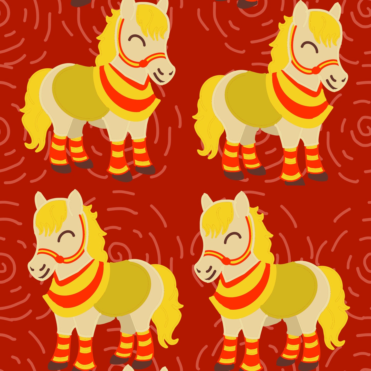 Hand drawn seamless file from technicolour corner showing horses in red and gold on a red background celebrating lunar new year