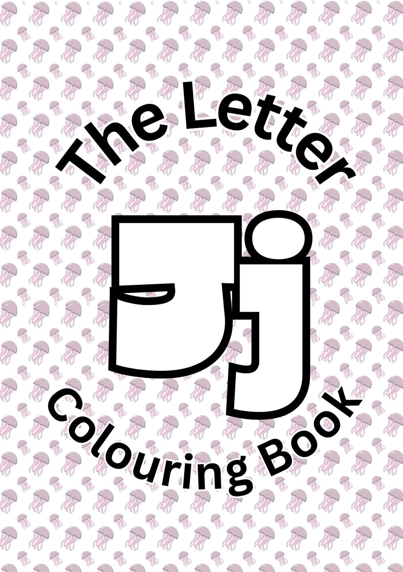 Cover of 'The Letter J Colouring Book' featuring a white background with a pattern of letters 'j' and the title text.