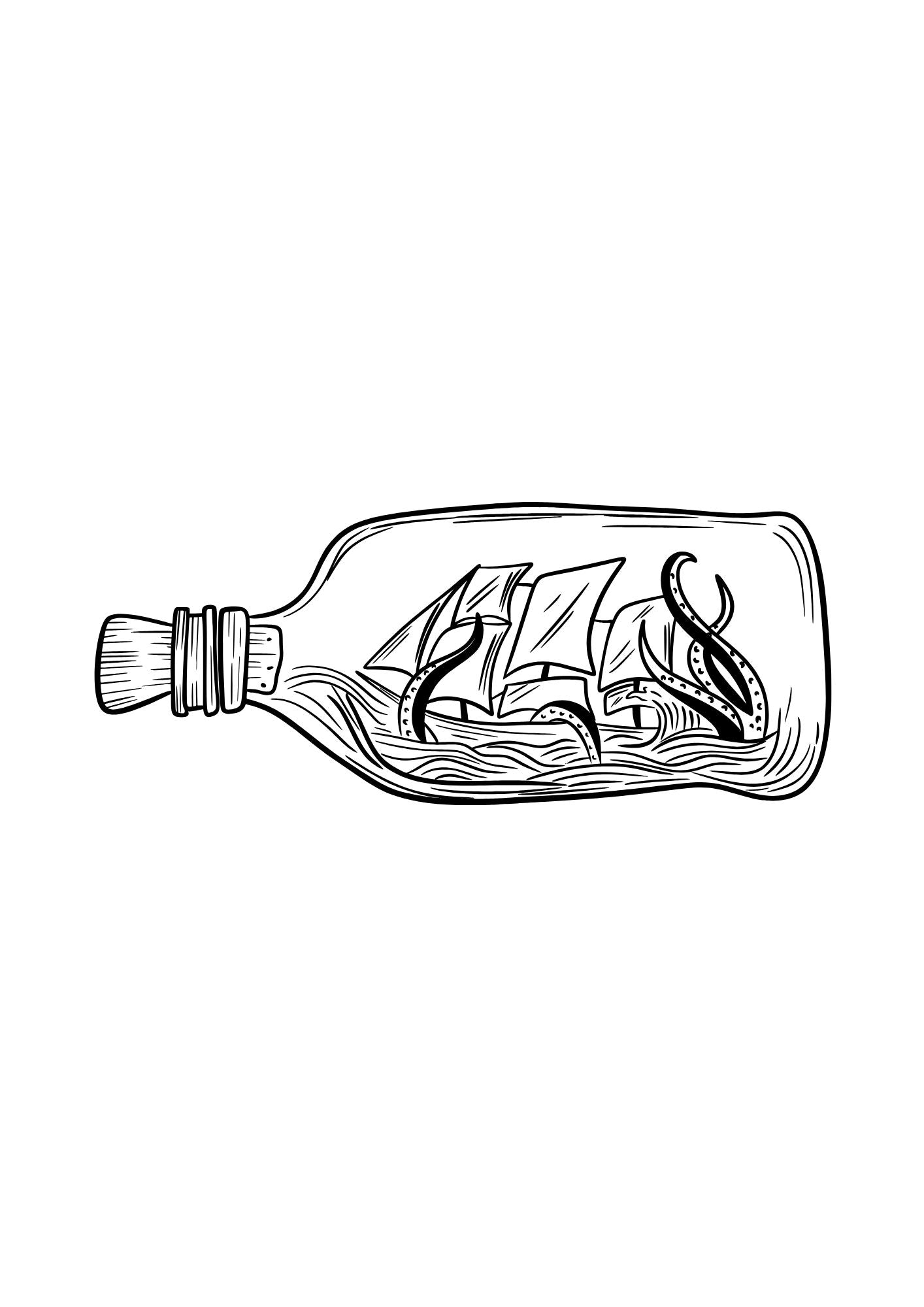 ship in a bottle being attacked by a kraken colouring page