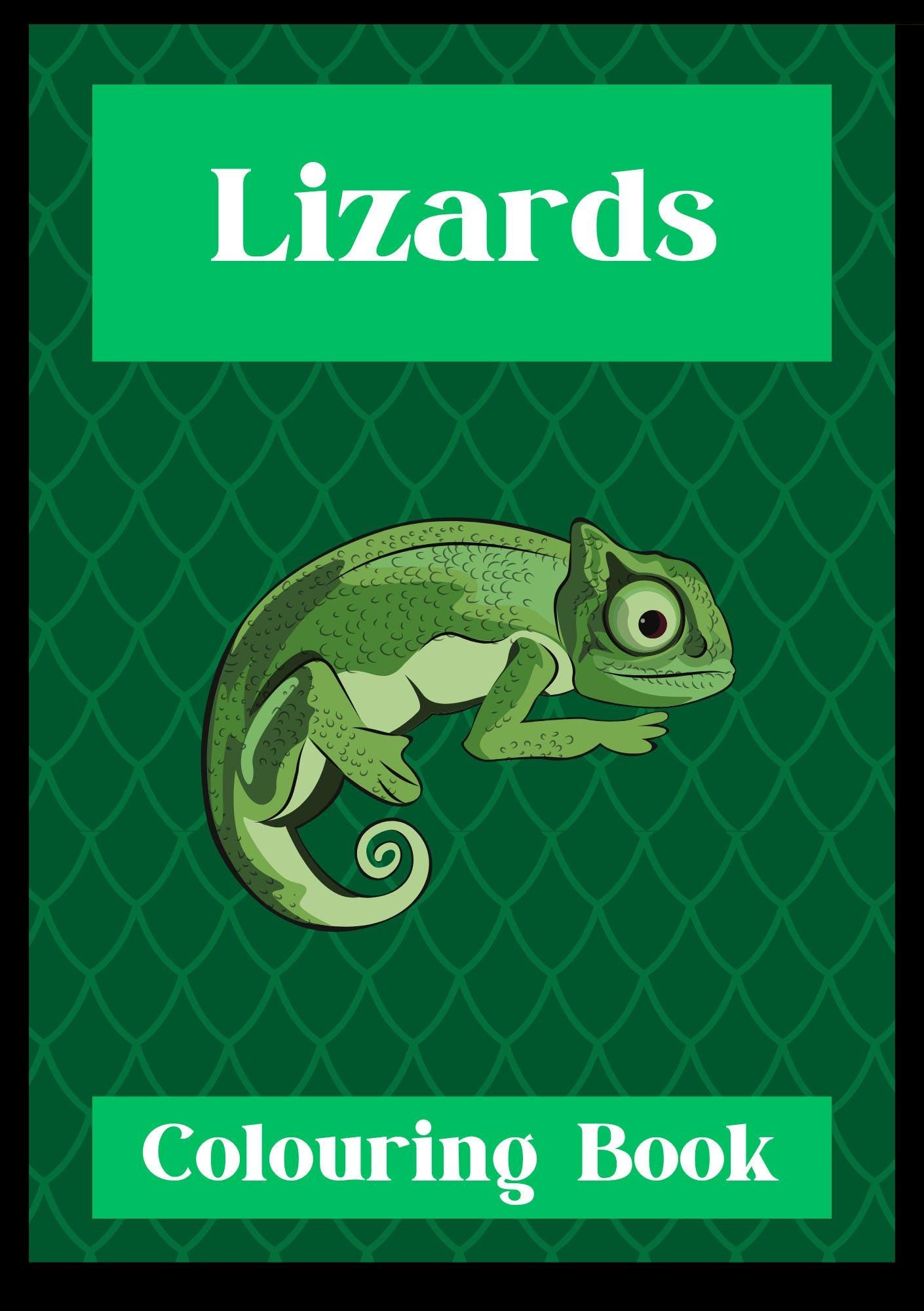 This image features the cover of a digital coloring book for kids titled "Lizards." The cover displays a vibrant illustration of a green lizard with prominent eyes and a playful expression, set against a green patterned background.
