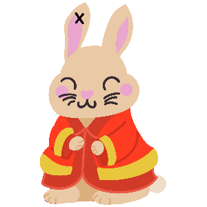 Cartoon rabbit character wearing a red outfit with yellow accents gift tag