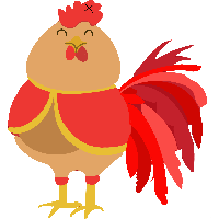 Cartoon rooster with red comb and feathers on a gift tag