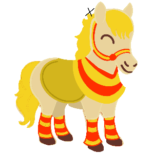 Cartoon horse with yellow hair, red and yellow striped socks, and a yellow blanket gift tag