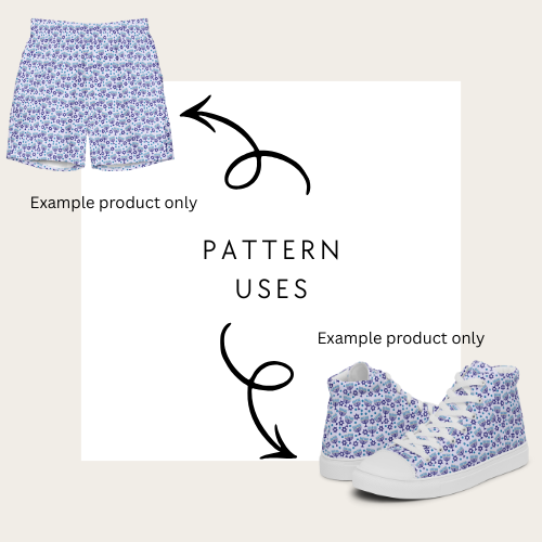 Floral-patterned shorts and high-top sneakers on a plain background with text indicating 'Pattern Uses' to use menorah for hanukkah and passover