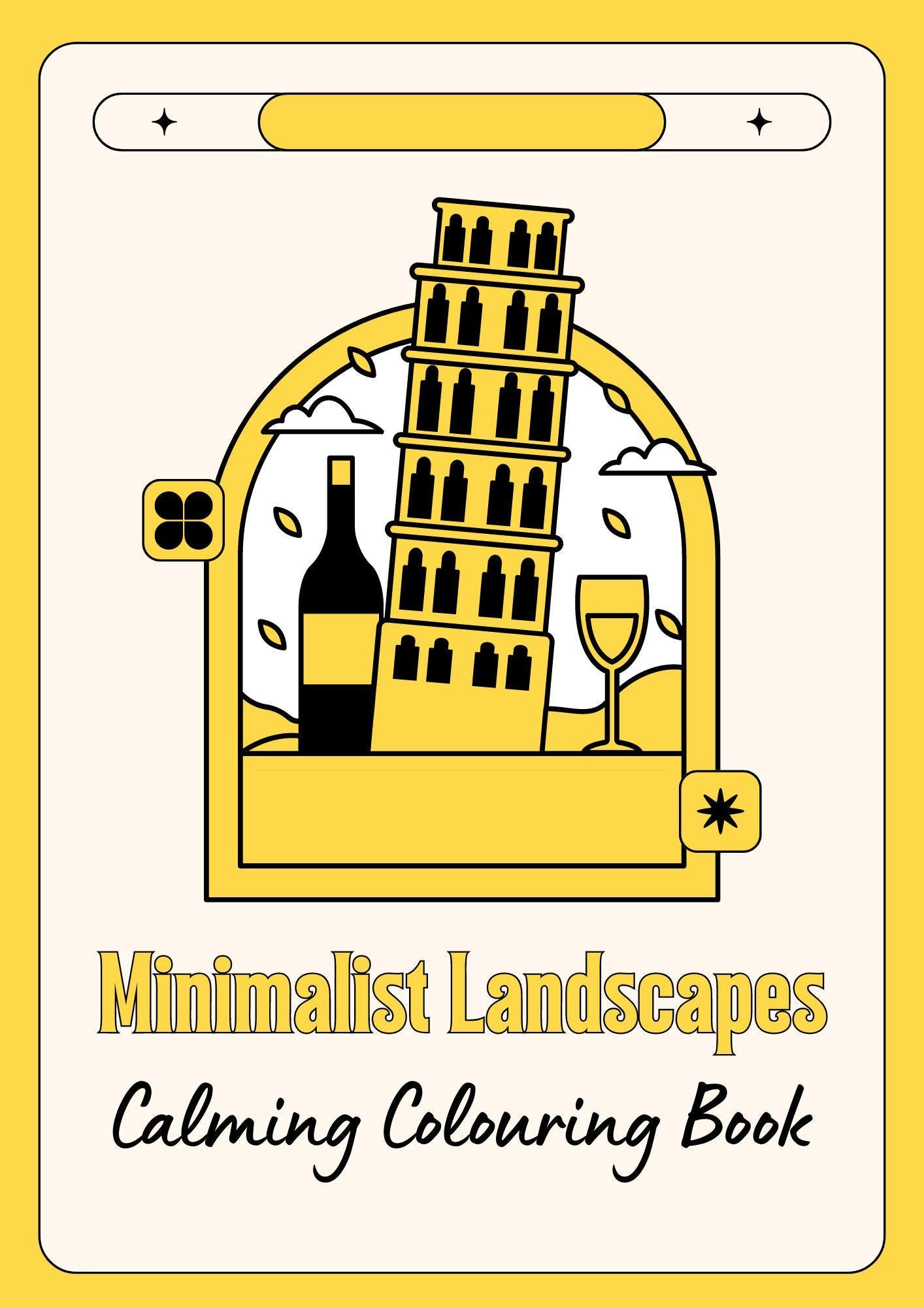 Cover of the 'Minimalist Landscapes Calming Colouring Book' featuring a stylized illustration of a landscape with a tower, tree, and wine glass.