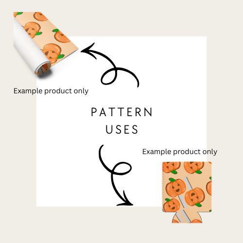 Patterned paper with pumpkin lollipops and a roll of paper on a white background showing examples of how to use the halloween seamless file