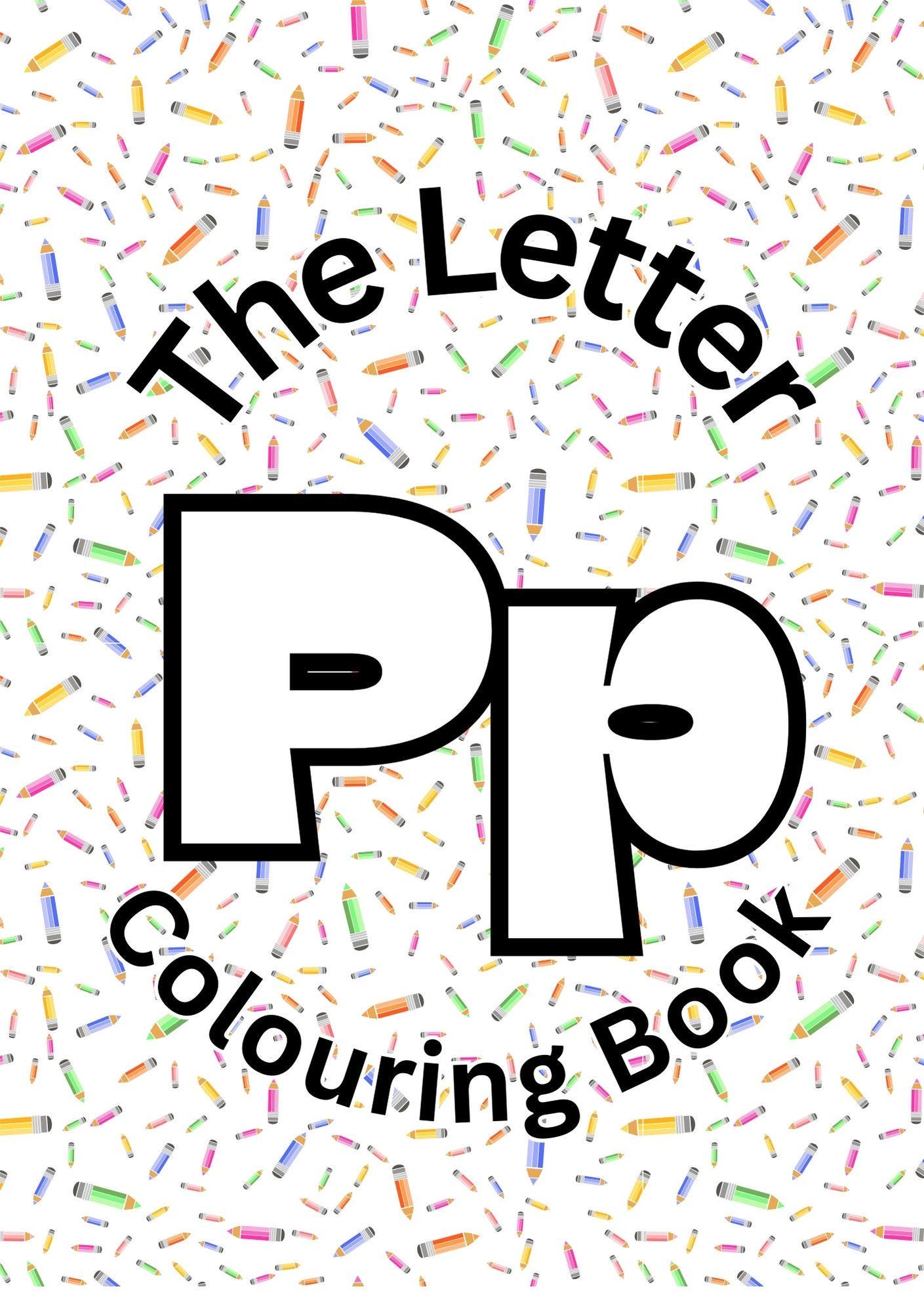 Cover of 'The Letter P Colouring Book' featuring stylized letter P with colorful confetti background.