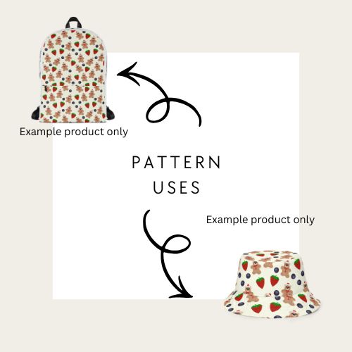A pattern swatch graphic showing a backpack and a bucket hat with the same repeating strawberry and berry print on a cream background, plus arrows and the text 'PATTERN USES' to explain how the print applies to different product types.