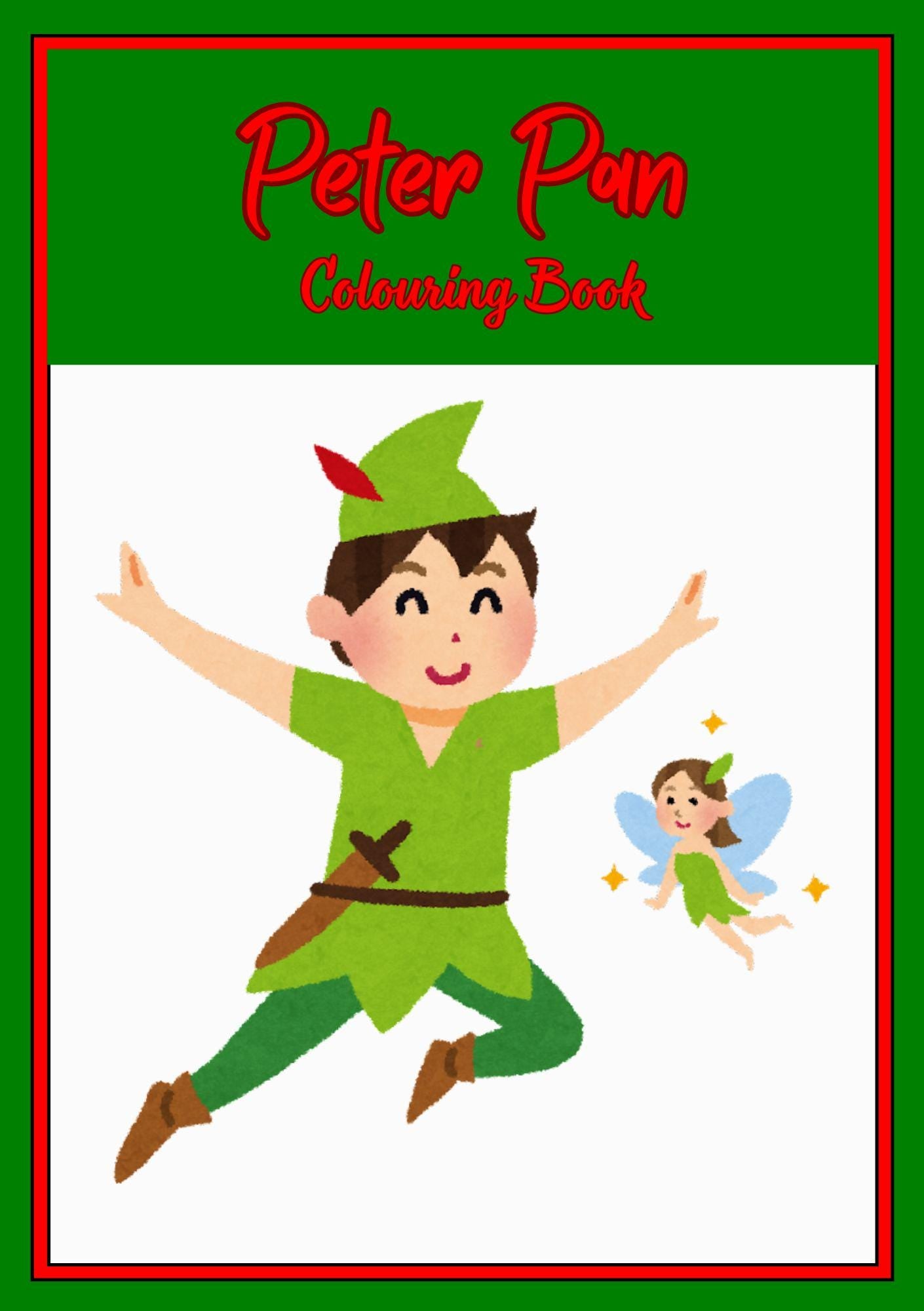 Cover of the Peter Pan Digital Colouring Book featuring an illustration of Peter Pan character in green attire with a neverland logo, accompanied by Tinkerbell.