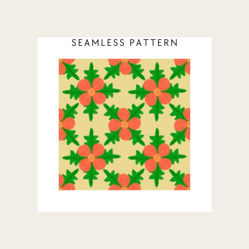 Seamless pattern of red flowers with green leaves on a beige background