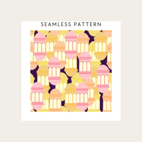 Pattern of colorful lanterns on a beige background with 'Seamless Pattern' text.