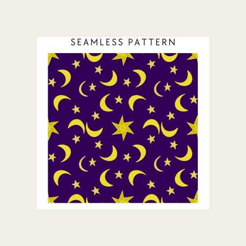 Pattern of yellow moons and stars on a purple background with 'Seamless Pattern' text.
