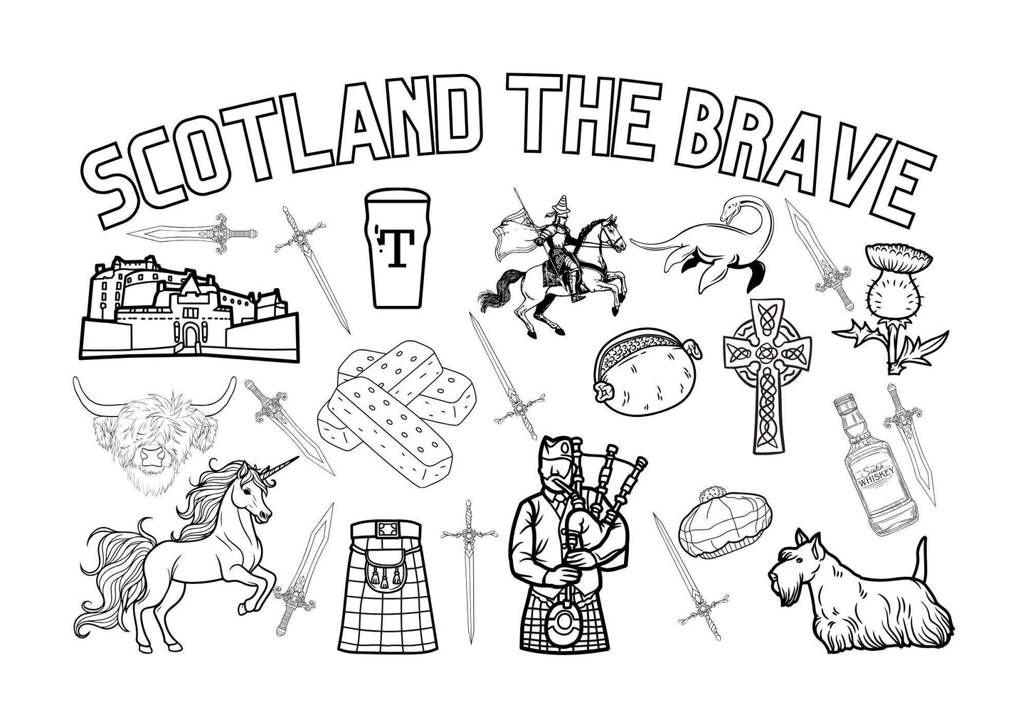 Colouring page of scottish icons for st andrews day celebrations