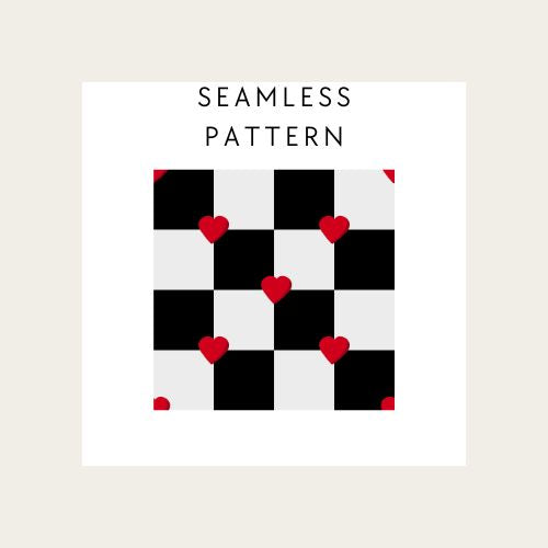 Pattern design with black, white, and red squares featuring heart shapes on a beige background.