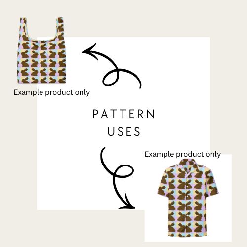 Patterned tote bag and shirt with text 'Example product only' and 'Pattern Uses'.