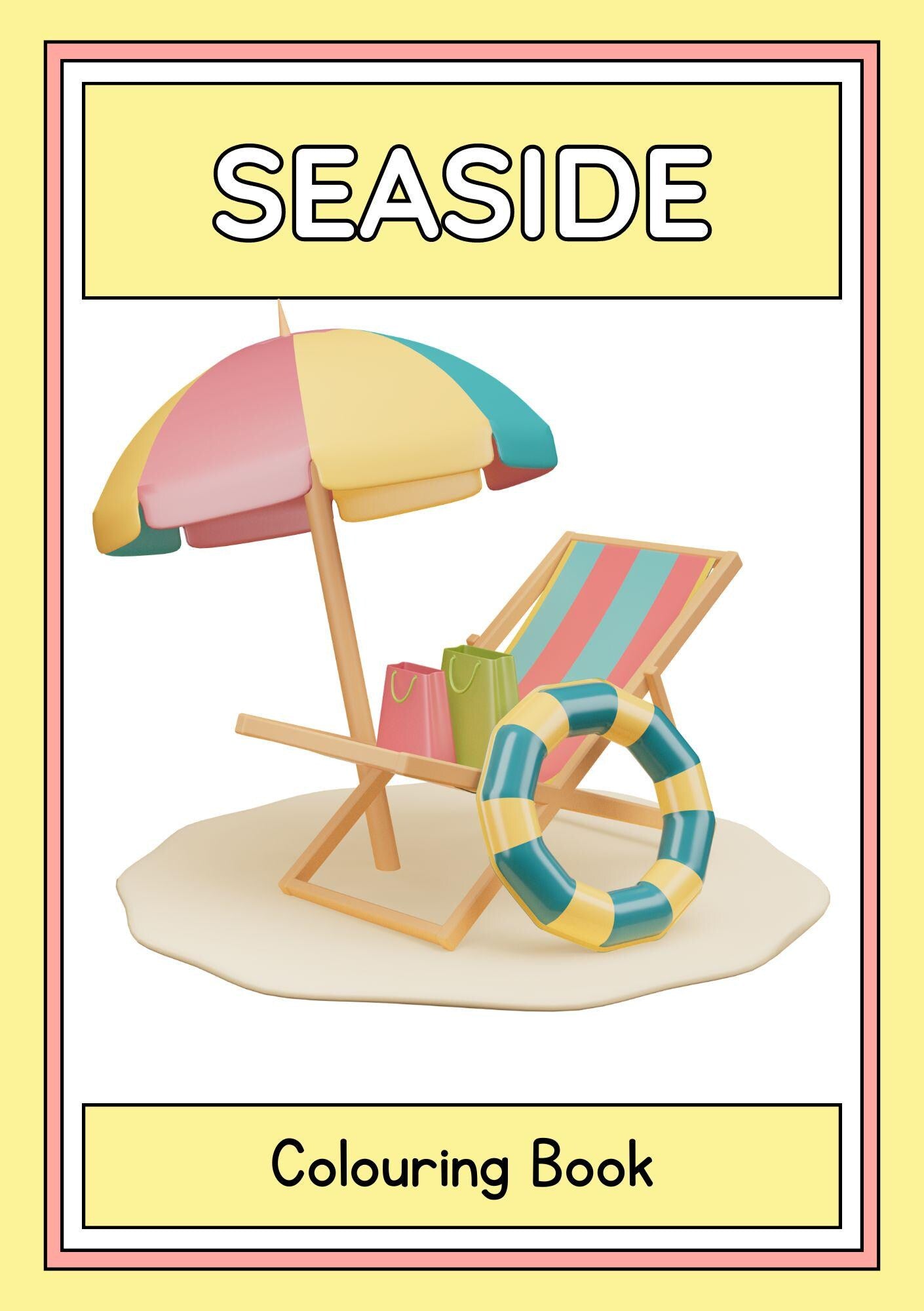 Cover page of a 'Seaside' themed colouring book with an illustration of a beach scene including a parasol, deck chair, and beach balls.